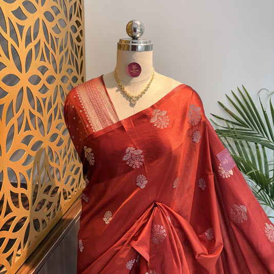 Rust Orange Semi Raw Mango Banarasi Saree – woven (zari) work