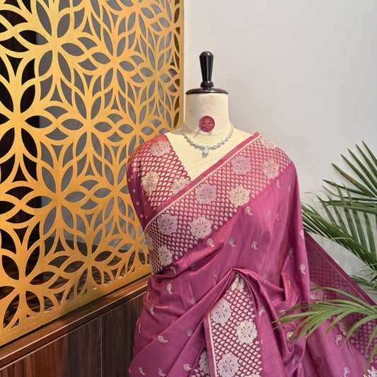 Onion Pink Semi Raw Mango Banarasi Saree – woven (zari) work