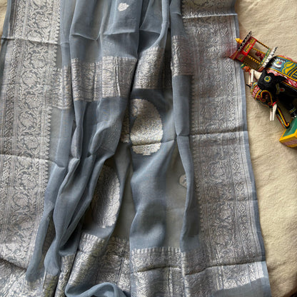 Light Grey Banarasi Pure Khaddi Chiffon Saree