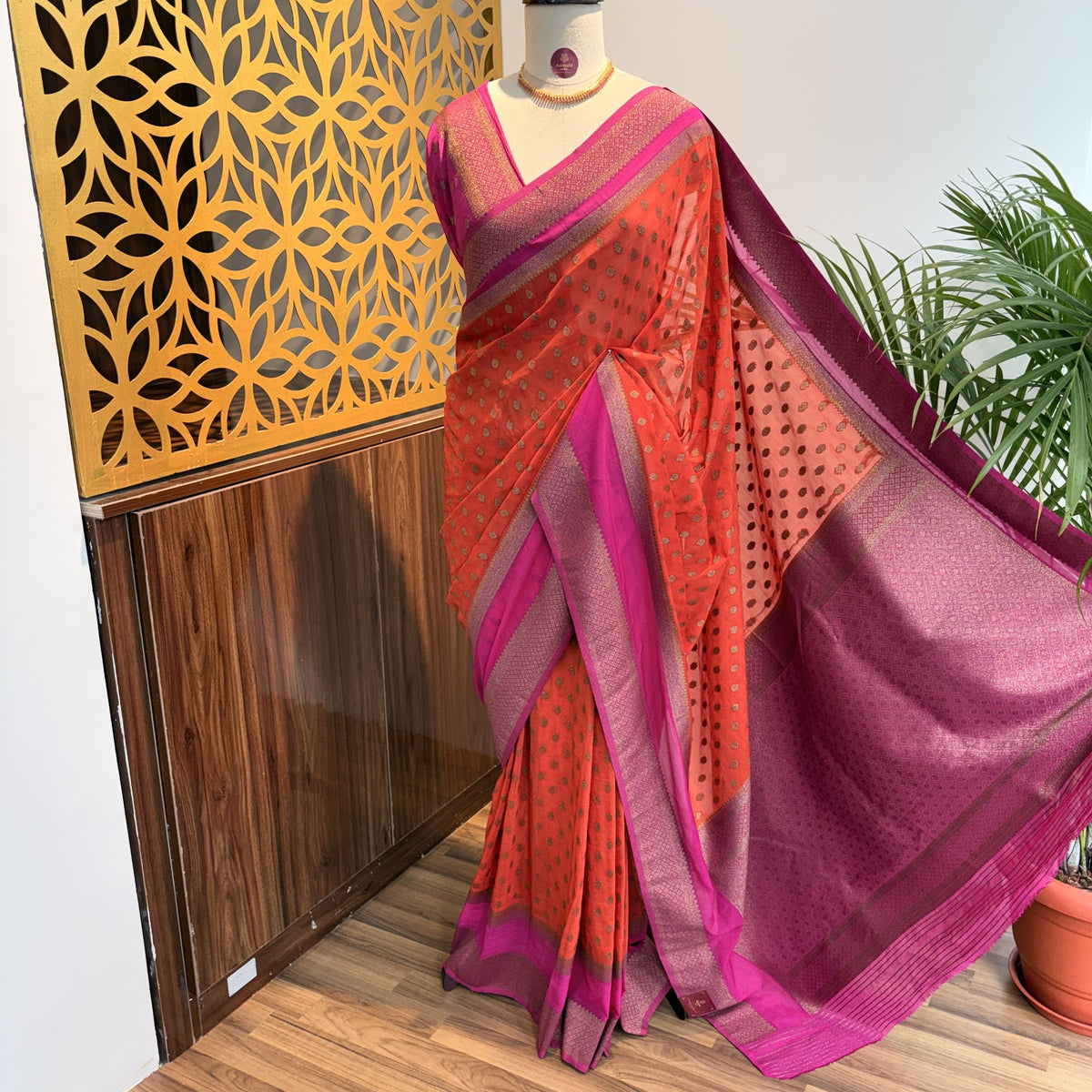 Orange Georgette Semi Banarasi Saree – woven (zari) work