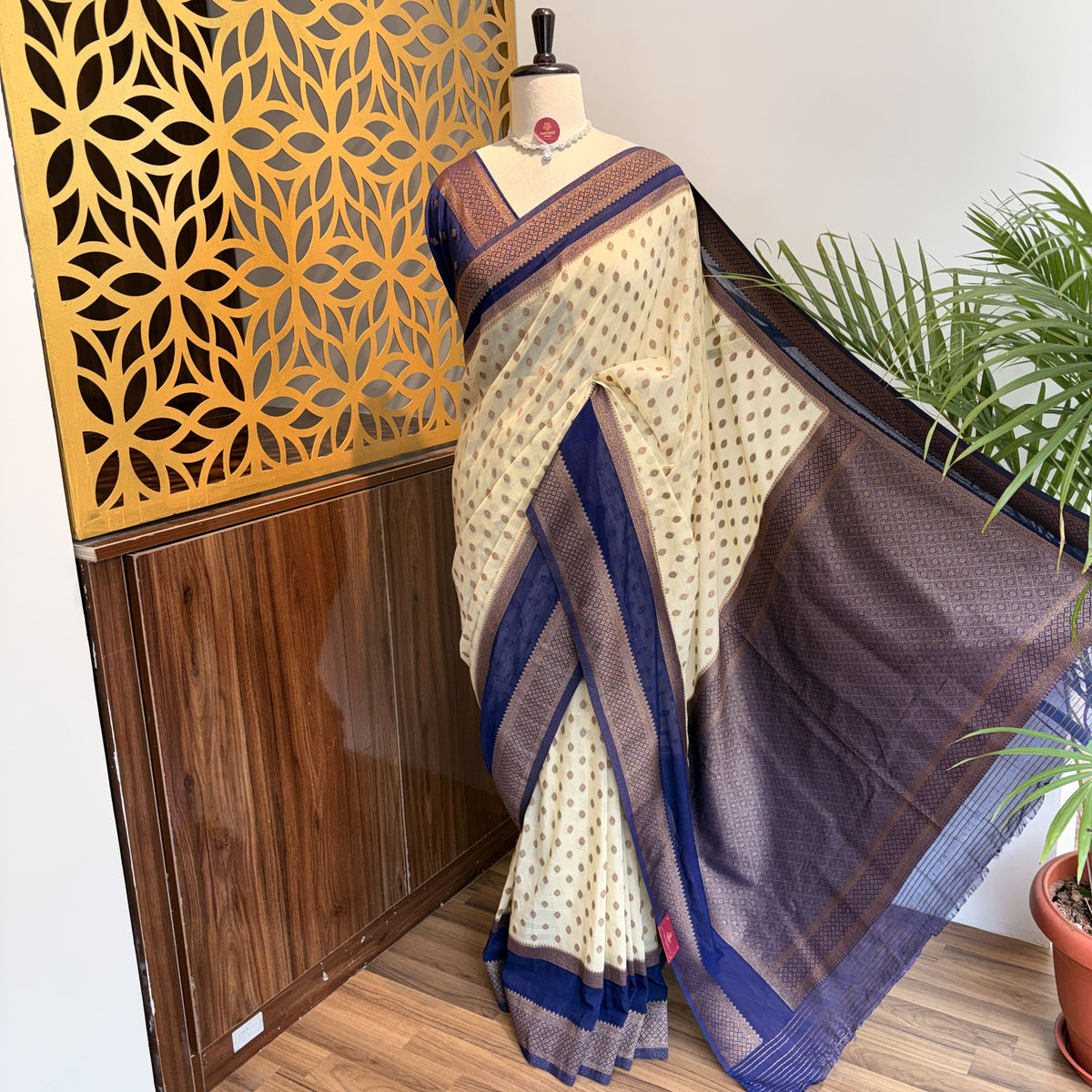 Cream Georgette Semi Banarasi Saree – woven (zari) work