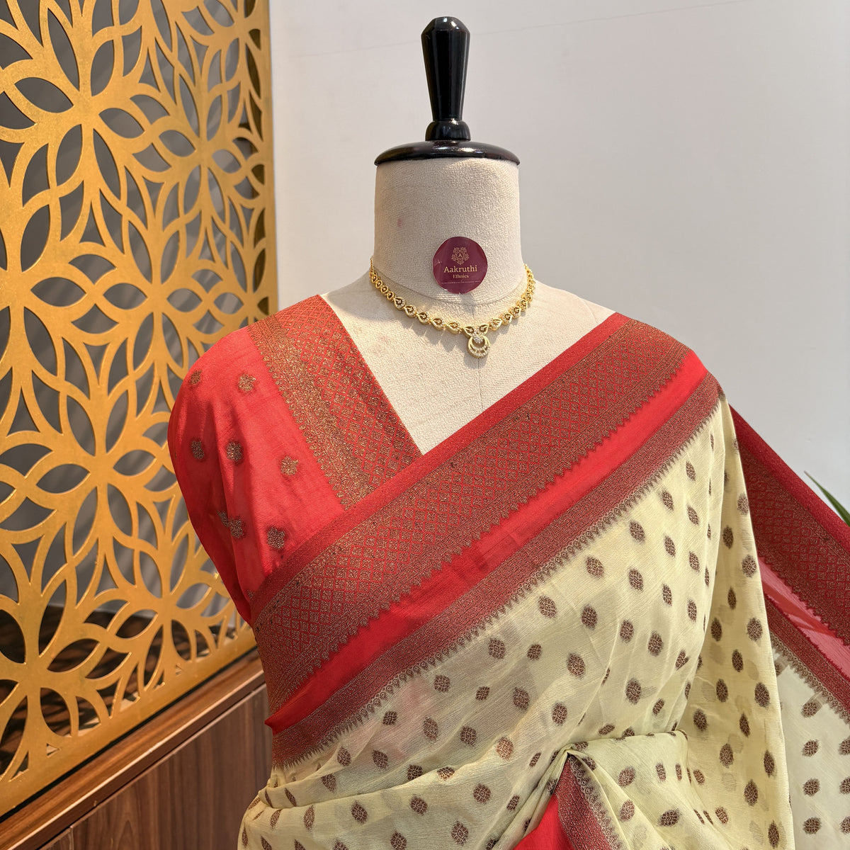 Cream Georgette Semi Banarasi Saree – woven (zari) work