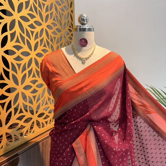 Maroon Georgette Semi Banarasi Saree – woven (zari) work