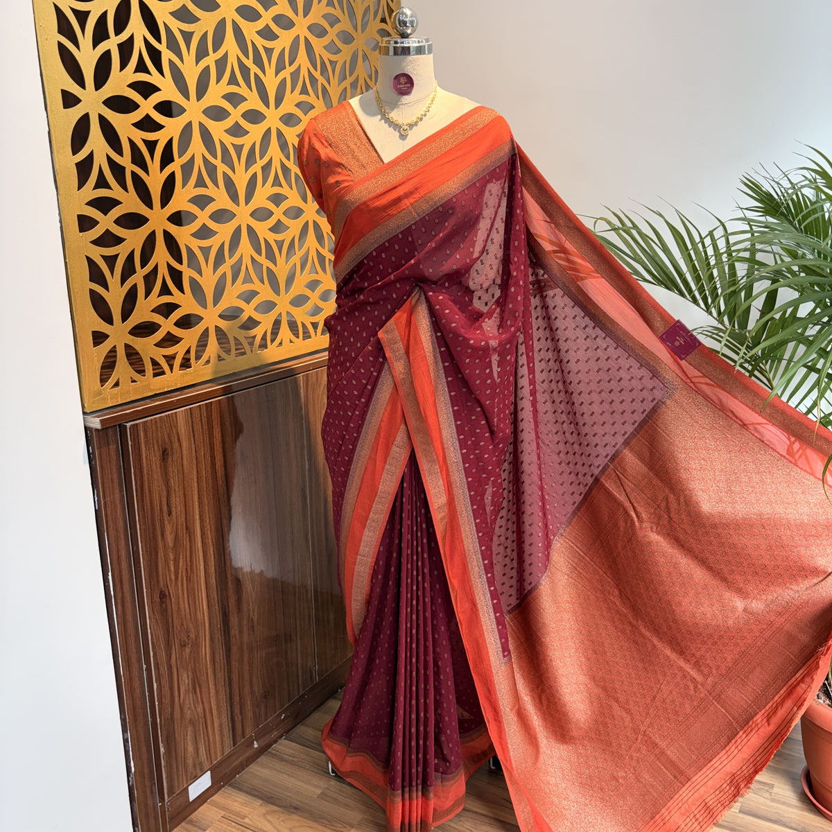Maroon Georgette Semi Banarasi Saree – woven (zari) work