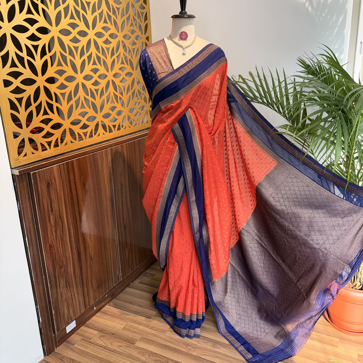 Orange Georgette Semi Banarasi Saree – woven (zari) work