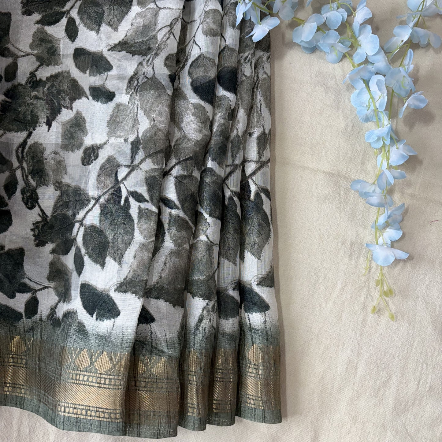 White-Green Printed Cotton Saree