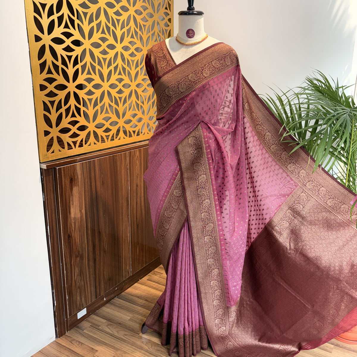 Mauve Georgette Semi Banarasi Saree – woven (zari) work