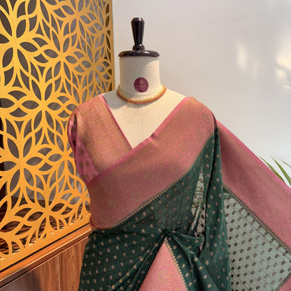 Green Georgette Semi Banarasi Saree – woven (zari) work