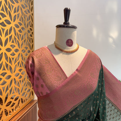 Green Georgette Semi Banarasi Saree – woven (zari) work