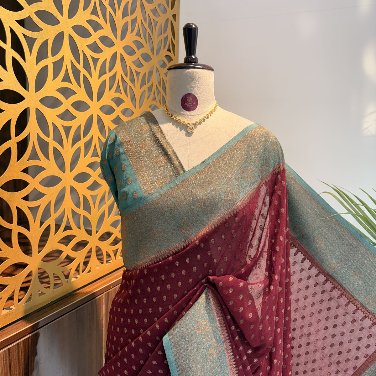 Maroon Georgette Semi Banarasi Saree – woven (zari) work