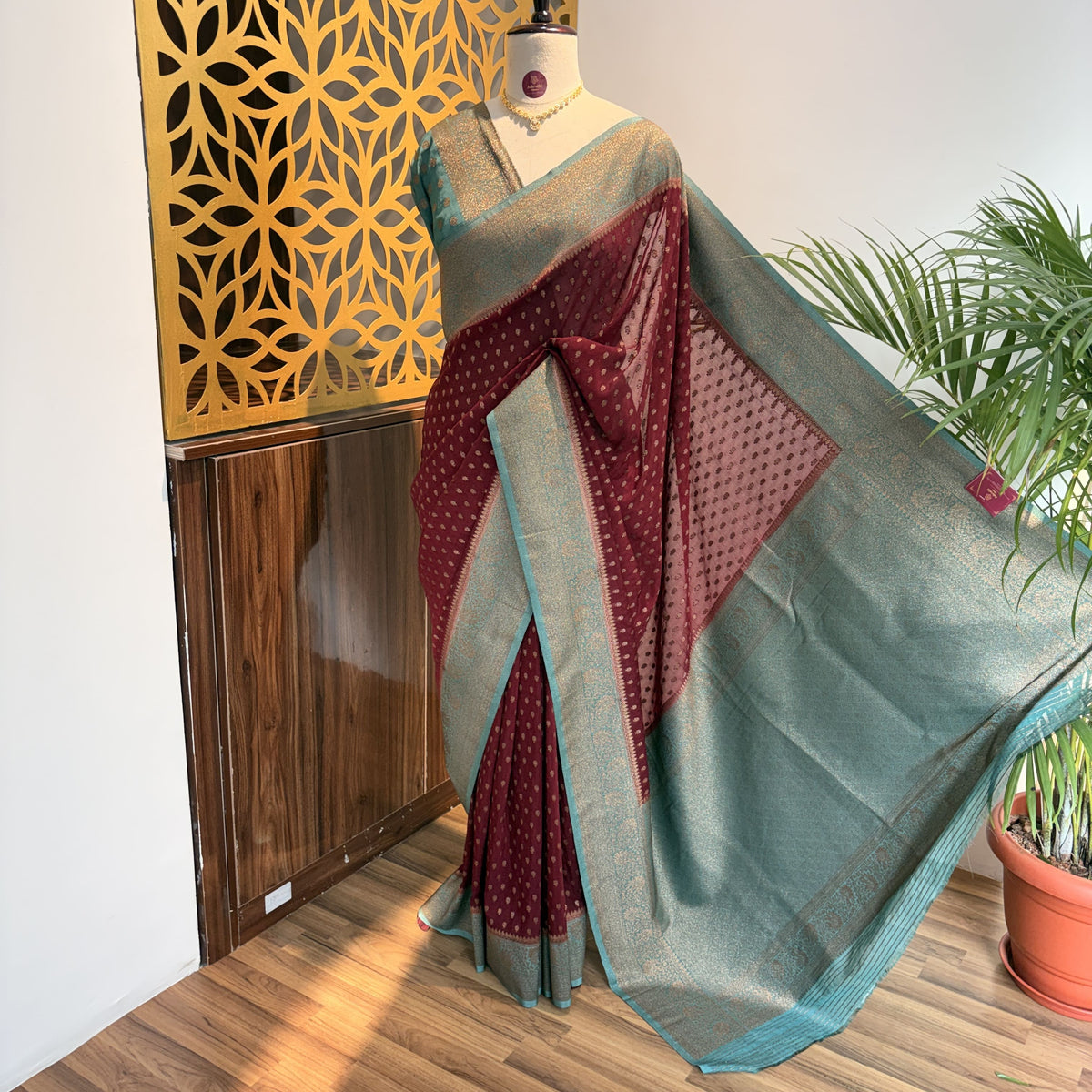 Maroon Georgette Semi Banarasi Saree – woven (zari) work