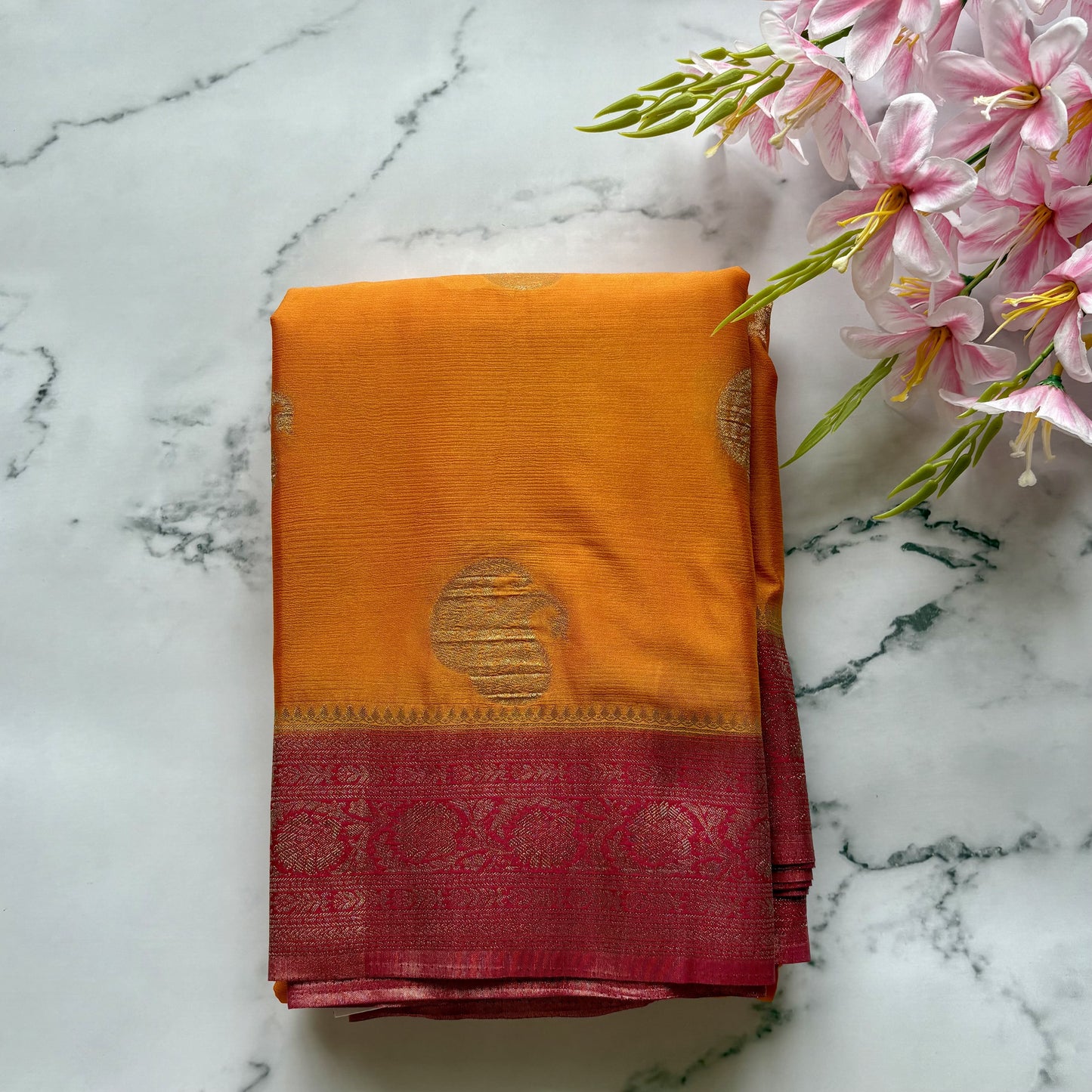 Orange Semi Khaddi Chiffon Banarasi Saree