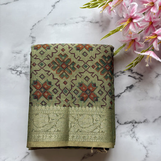 Green Printed Banarasi Border Cotton Saree