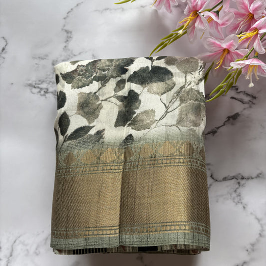 White-Green Printed Cotton Saree