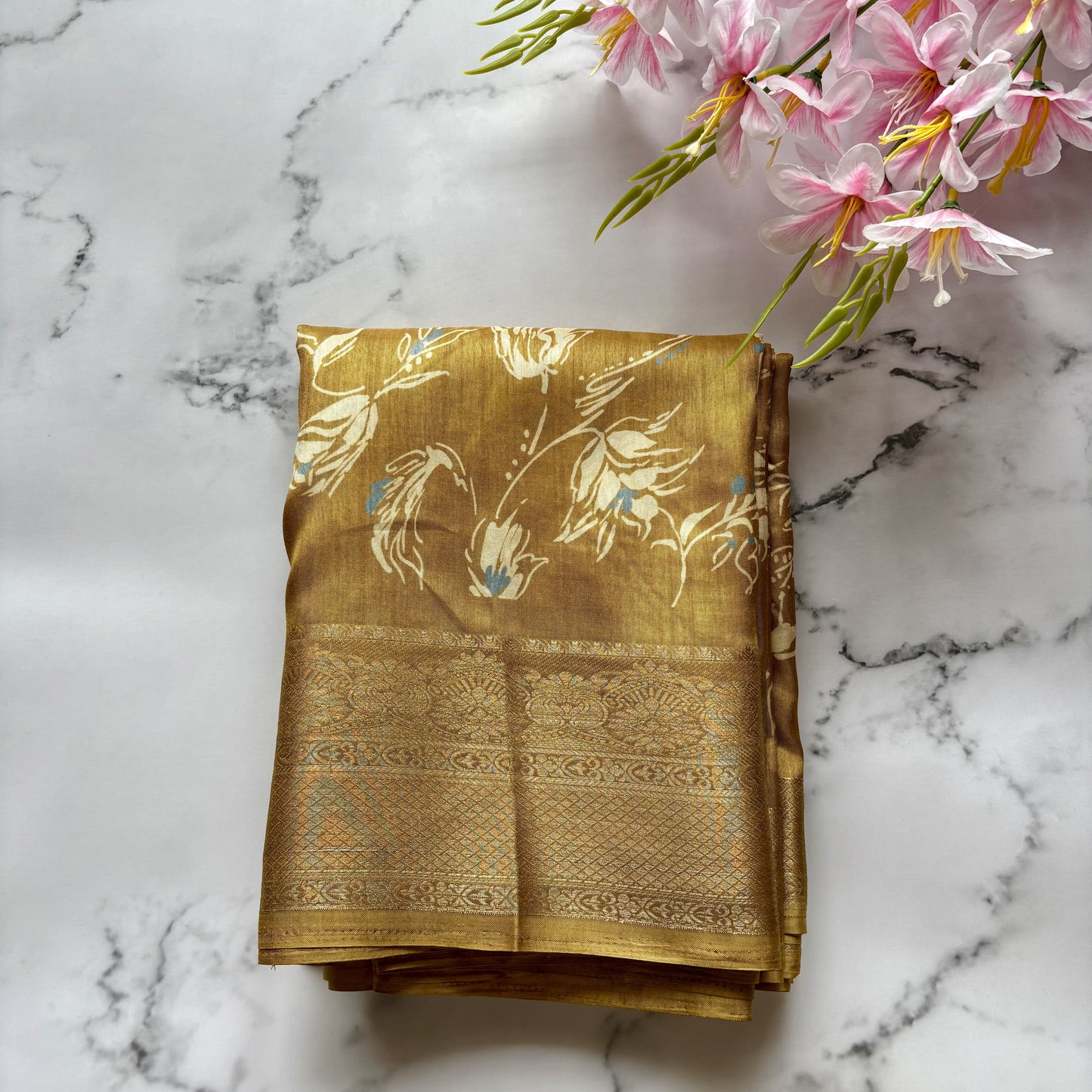 Yellow Printed Dola Silk Saree