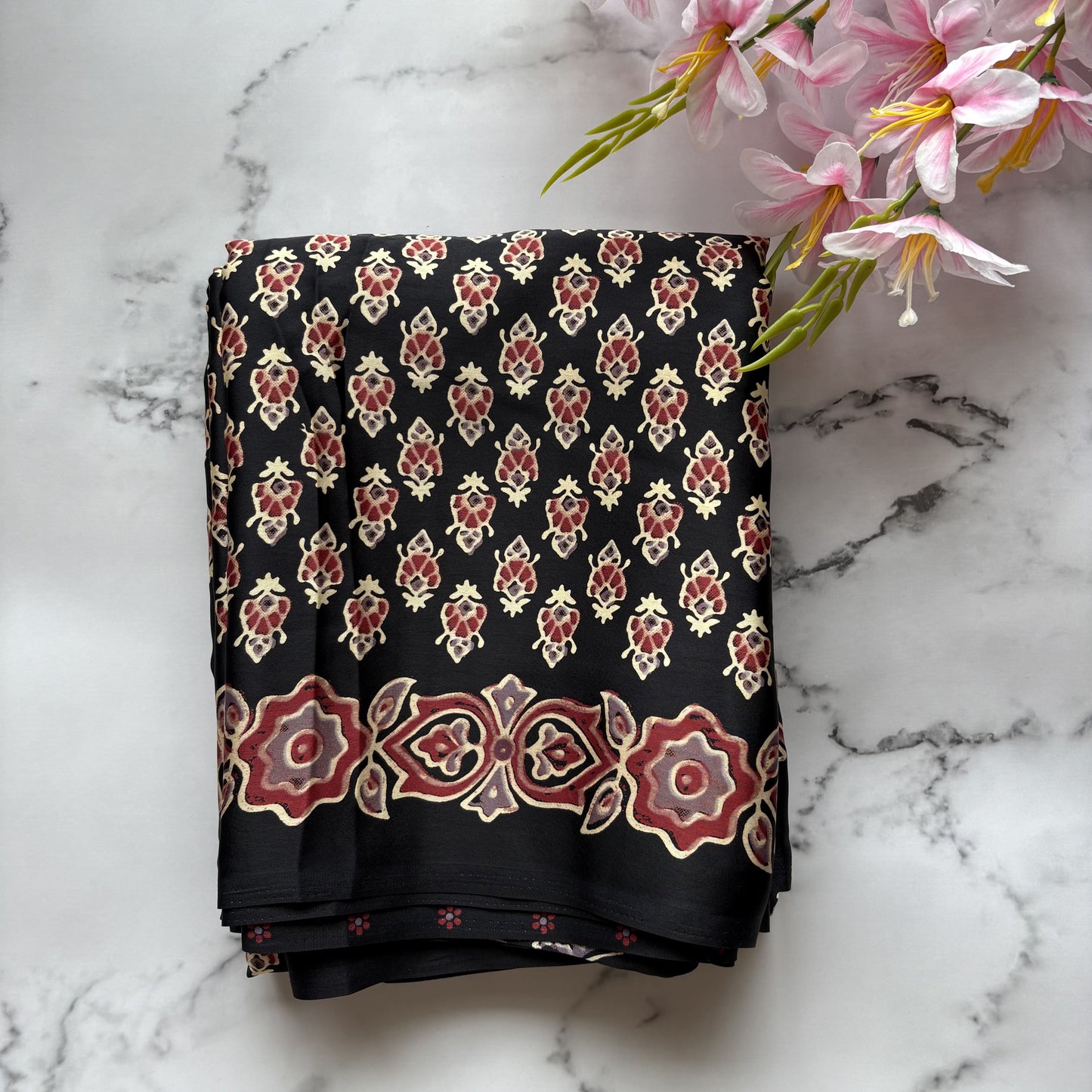 Black Blossom Satin Crepe Saree