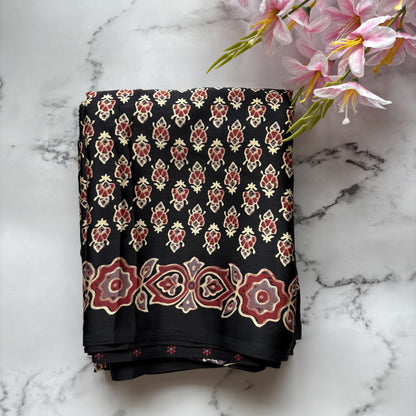 Black Blossom Satin Crepe Saree