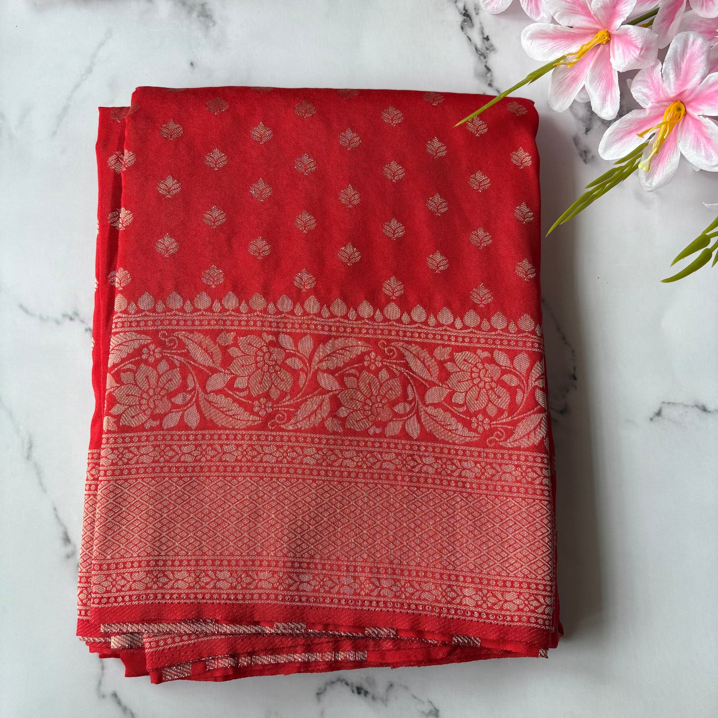 Red Banarasi Semi Crepe Saree