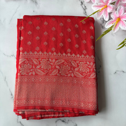 Red Banarasi Semi Crepe Saree