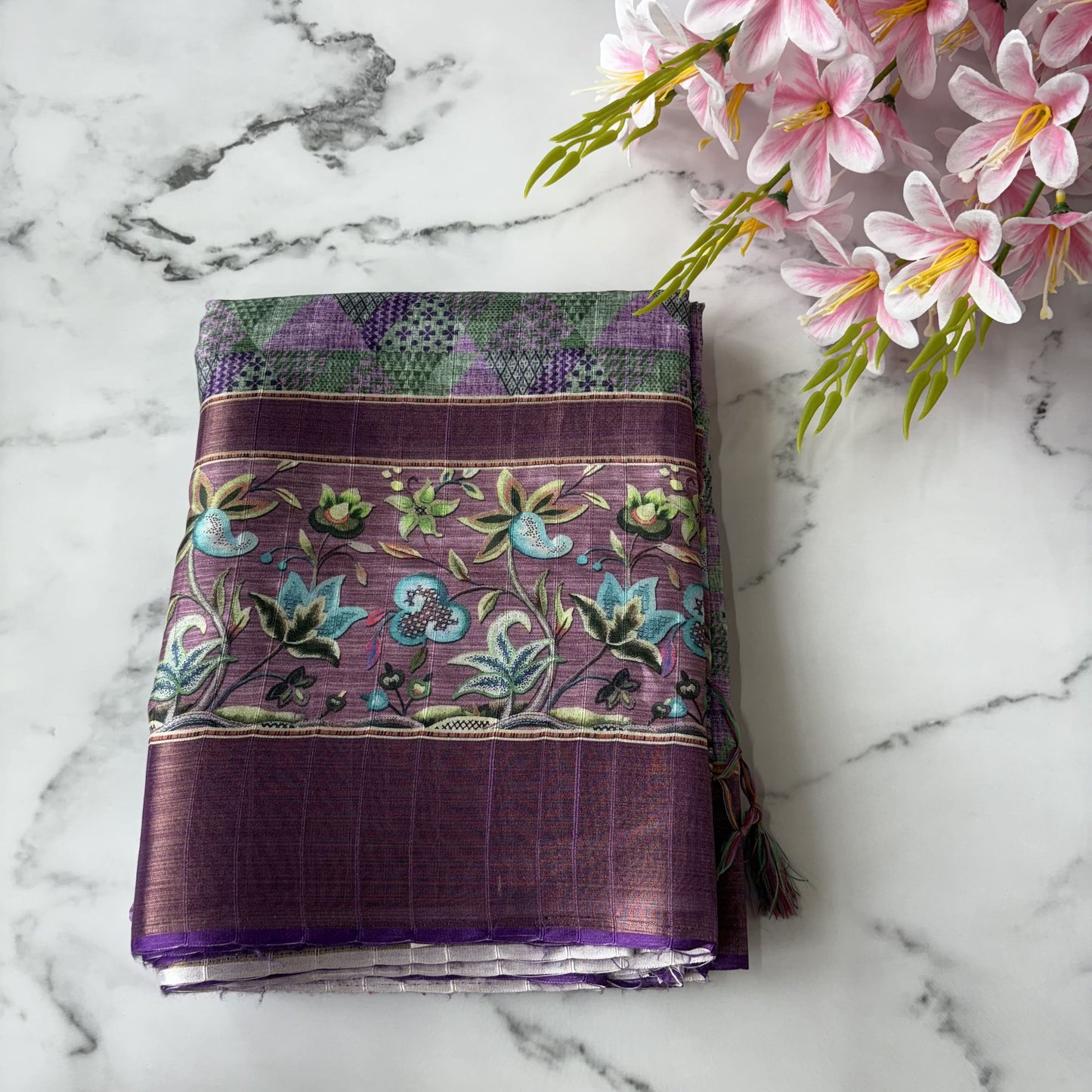 Purple-Green Semi Tussar Printed Saree