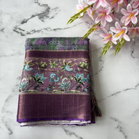 Purple-Green Semi Tussar Printed Saree