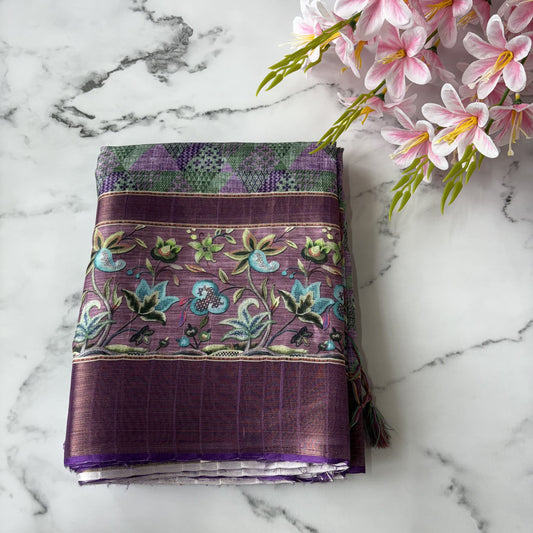 Purple-Green Semi Tussar Printed Saree