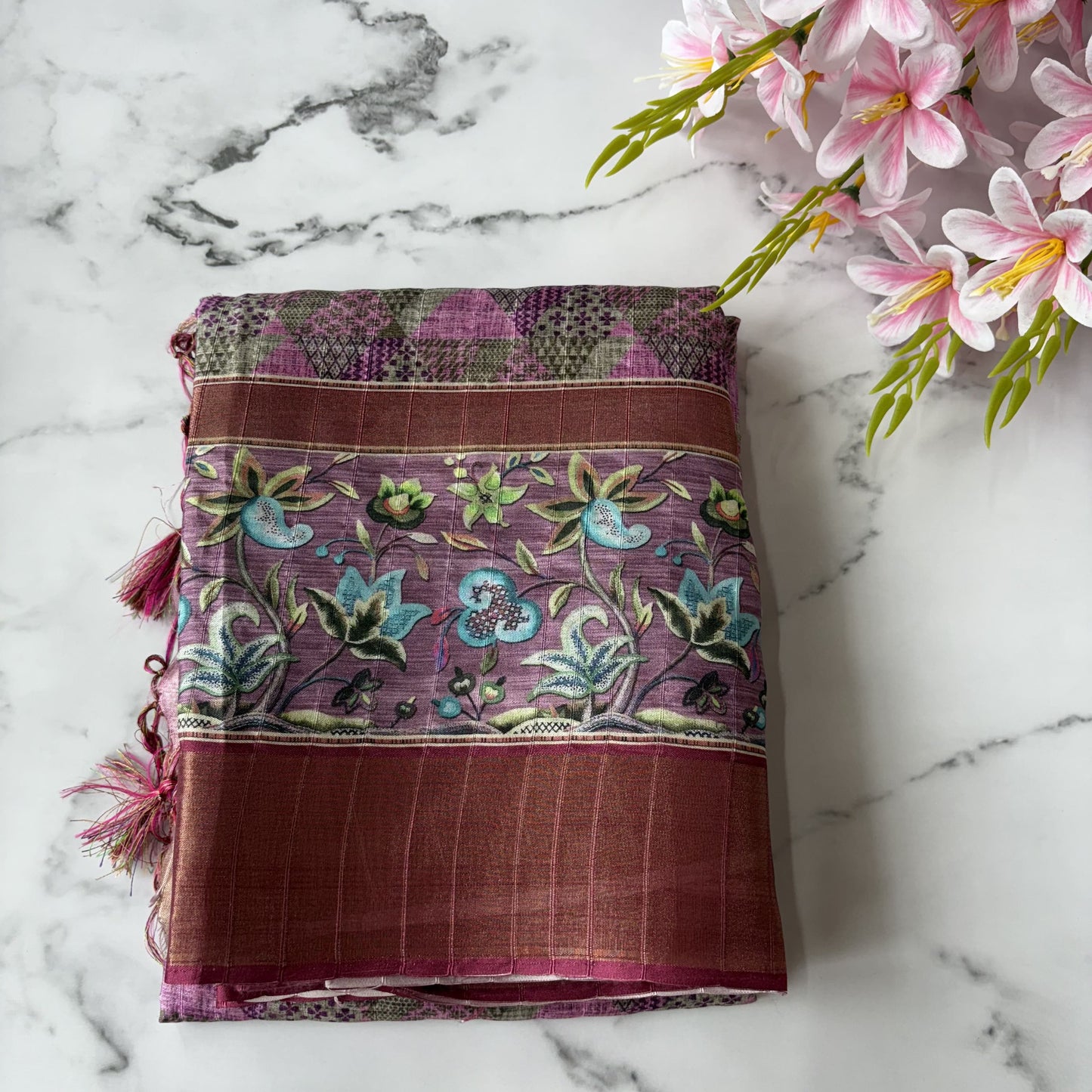 Pink-Green Semi Tussar Printed Saree