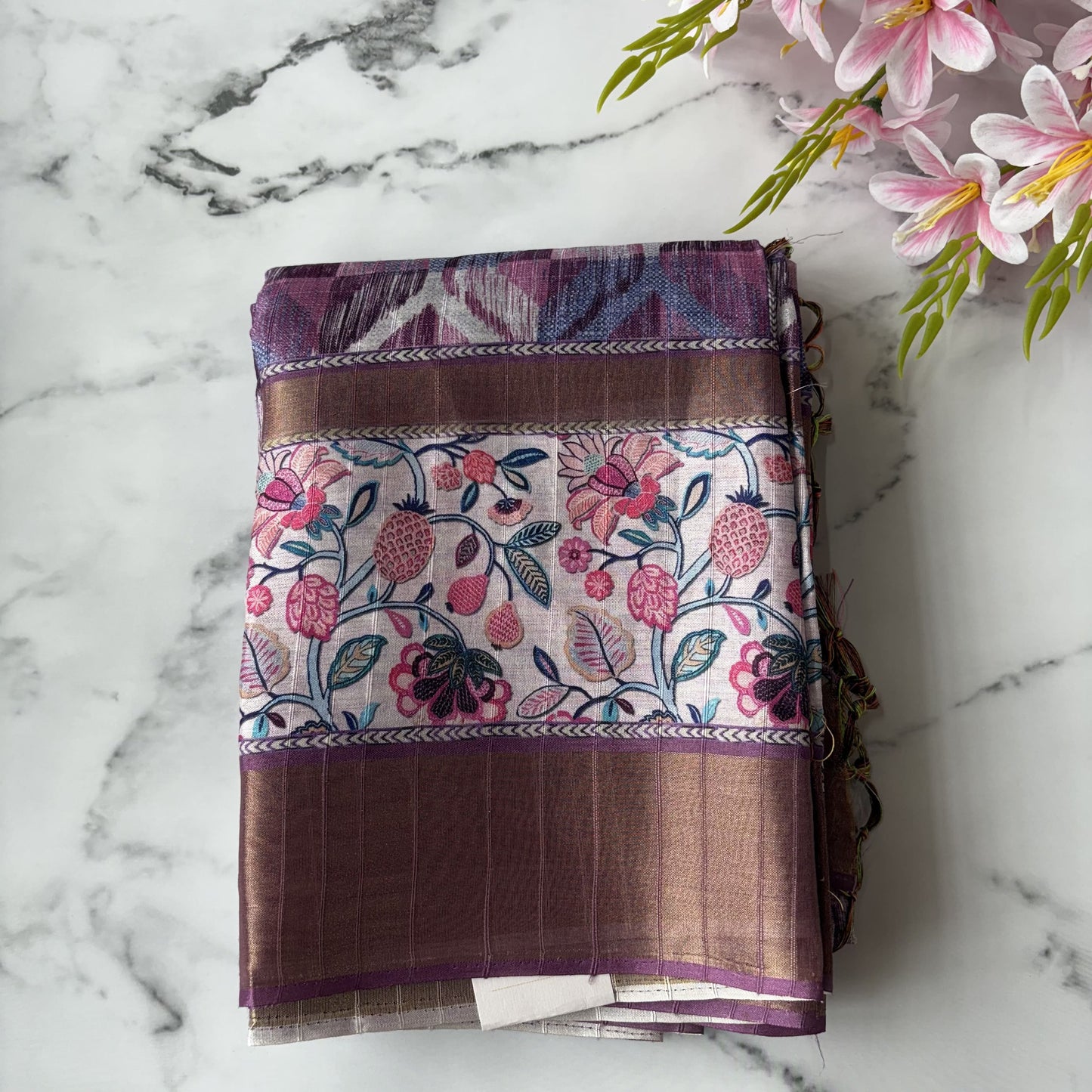 Purple-Blue Semi Tussar Printed Saree