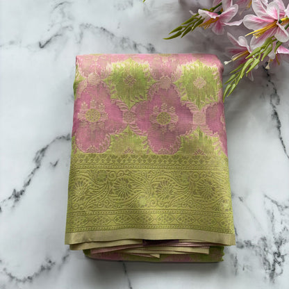 Pastel Green Pink Banarasi Cotton Saree