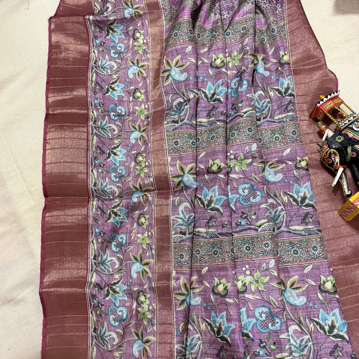 Pink-Green Semi Tussar Printed Saree