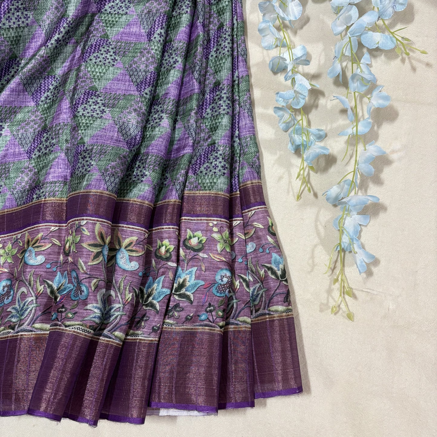 Purple-Green Semi Tussar Printed Saree