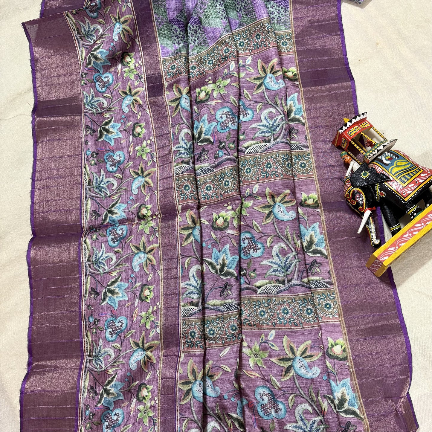 Purple-Green Semi Tussar Printed Saree
