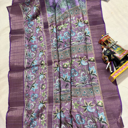 Purple-Green Semi Tussar Printed Saree