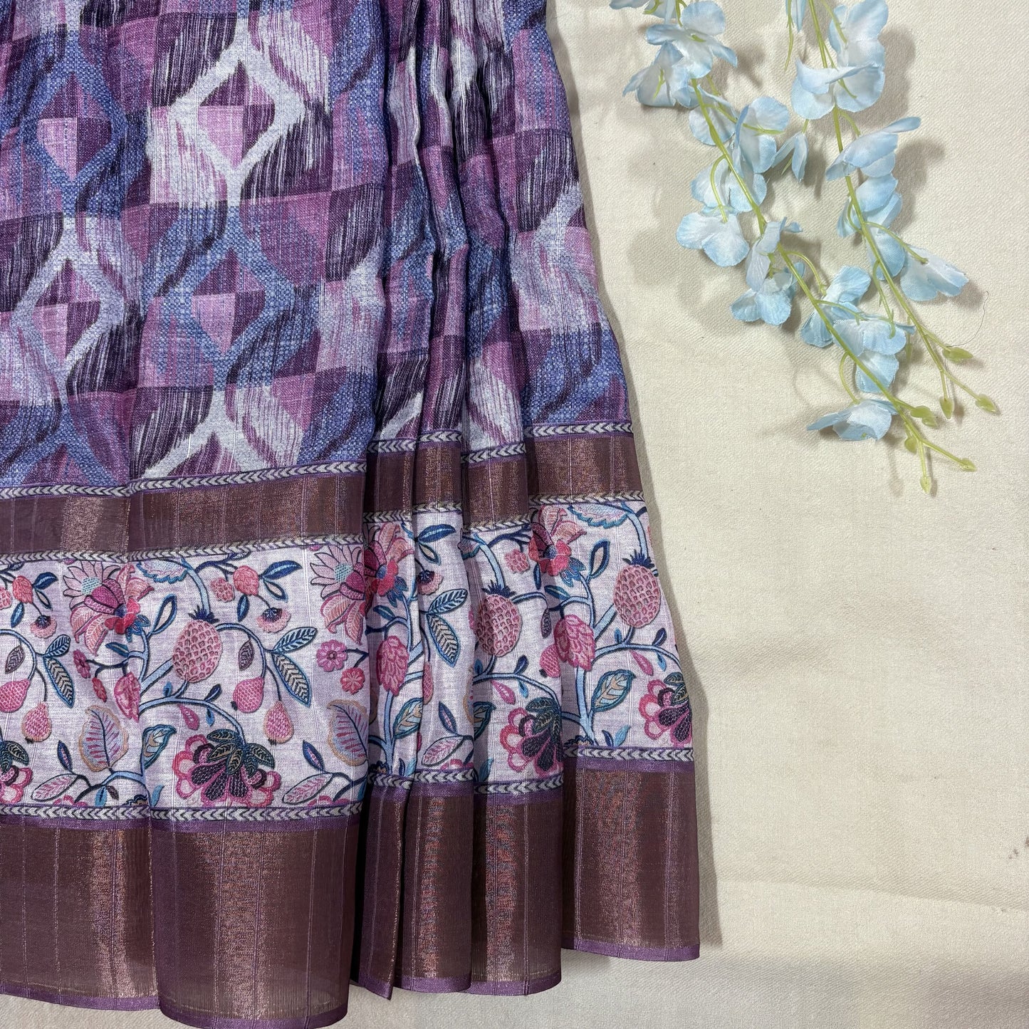 Purple-Blue Semi Tussar Printed Saree