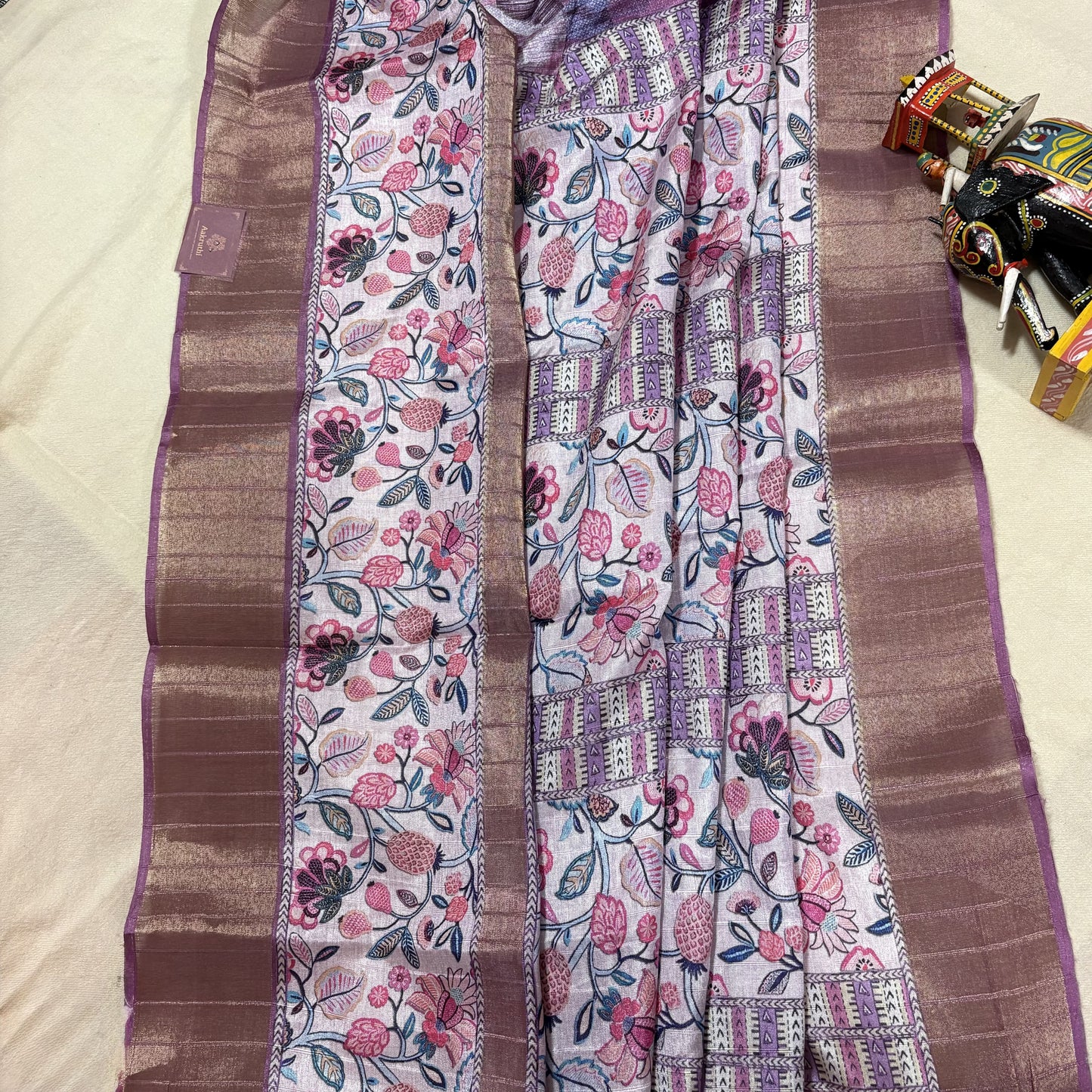 Purple-Blue Semi Tussar Printed Saree