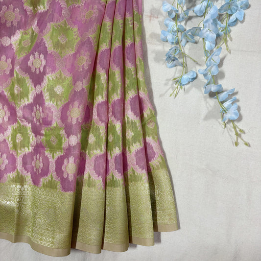 Pastel Green Pink Banarasi Cotton Saree
