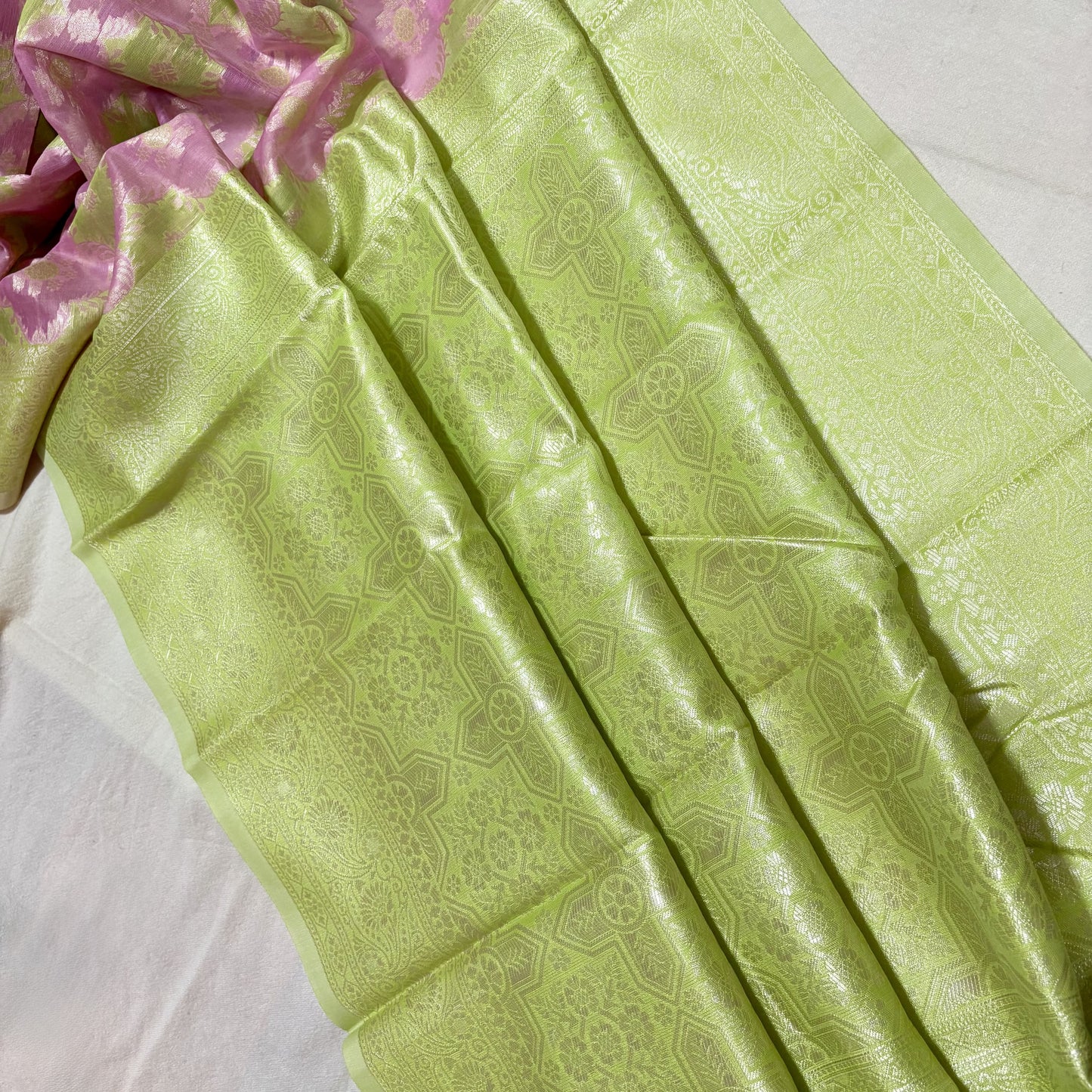 Pastel Green Pink Banarasi Cotton Saree