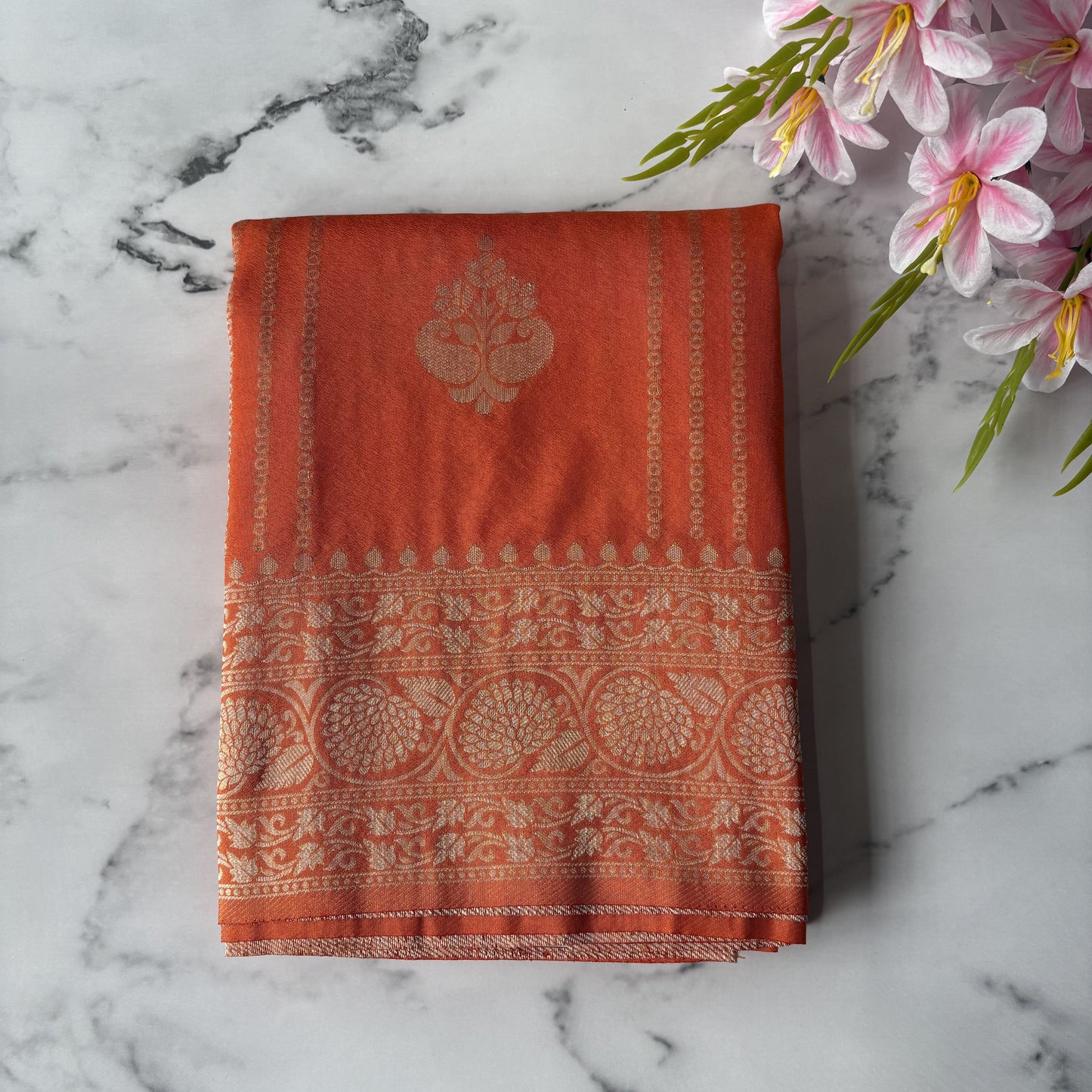 Orange Banarasi Semi Crepe Saree