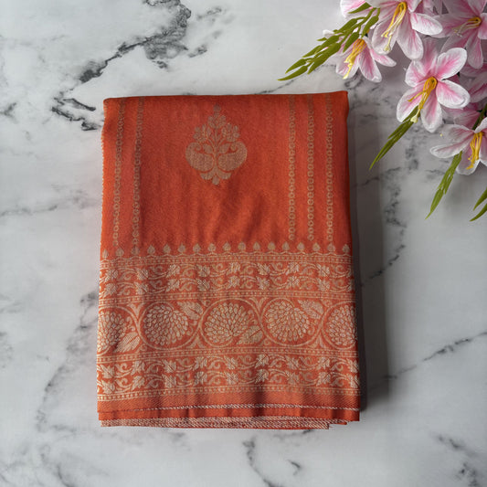 Orange Banarasi Semi Crepe Saree