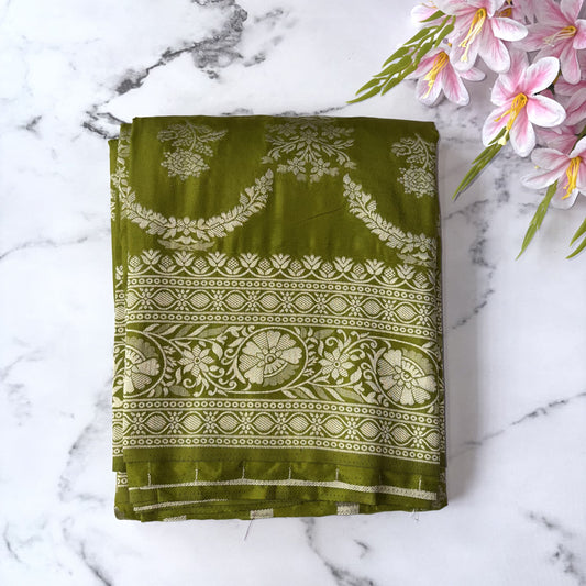 Green Semi Mashroo Crepe Banarasi Saree