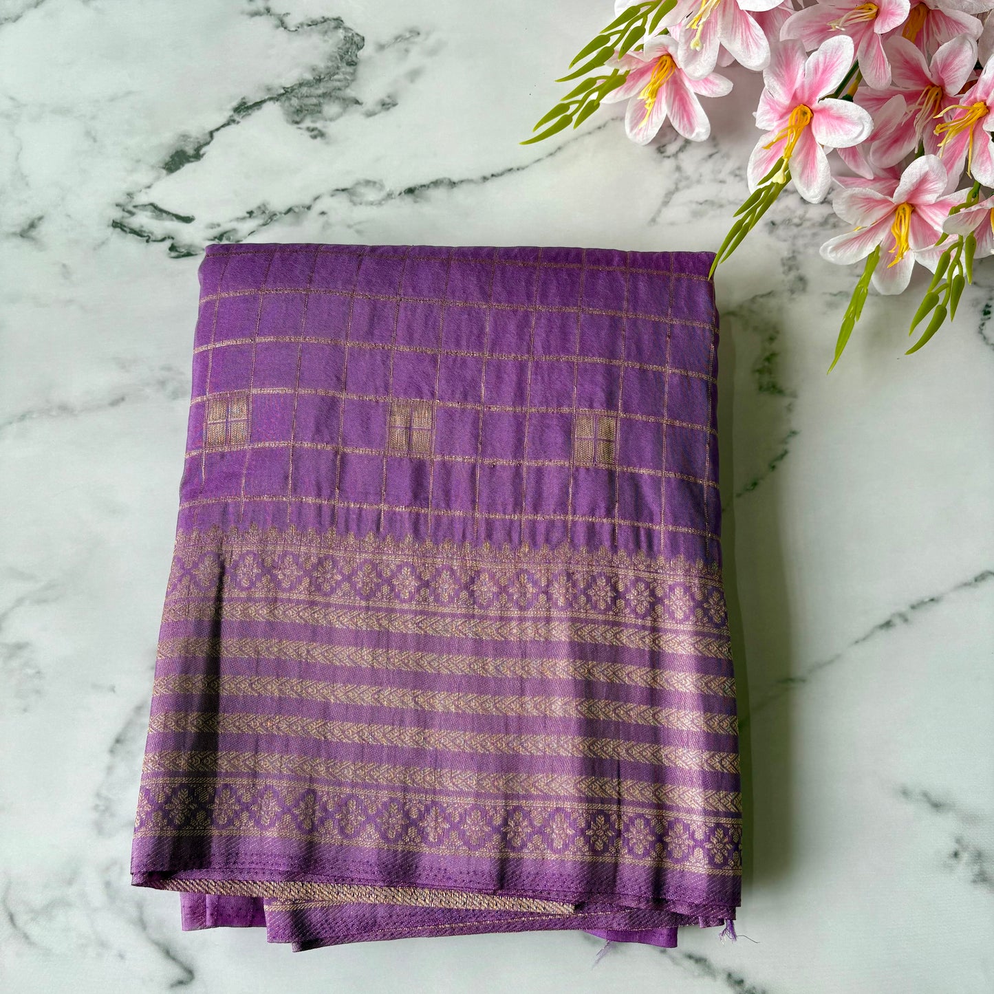 Lavendar Semi Crepe Banarasi Checks Saree
