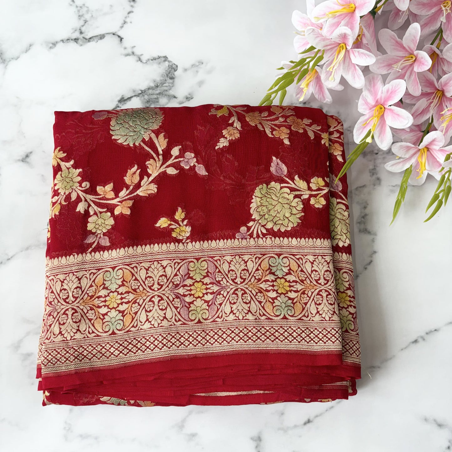 Red Pure Khaddi Georgette Meenakari Saree
