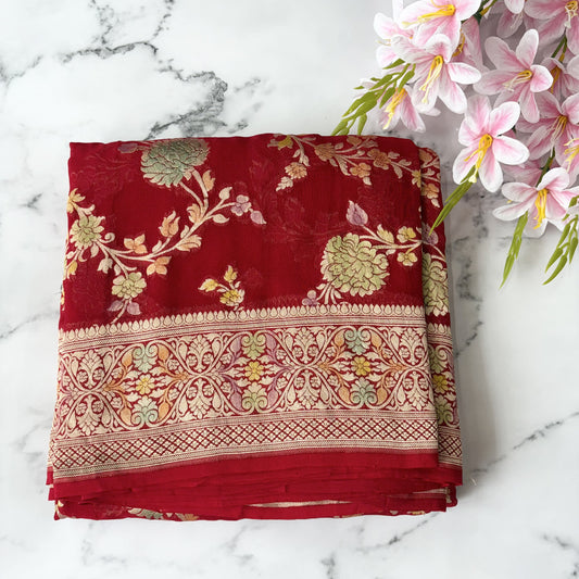 Red Pure Khaddi Georgette Meenakari Saree