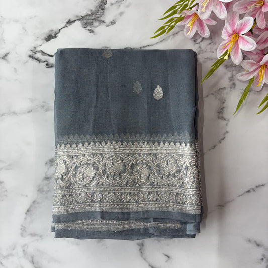 Light Grey Banarasi Pure Khaddi Chiffon Saree