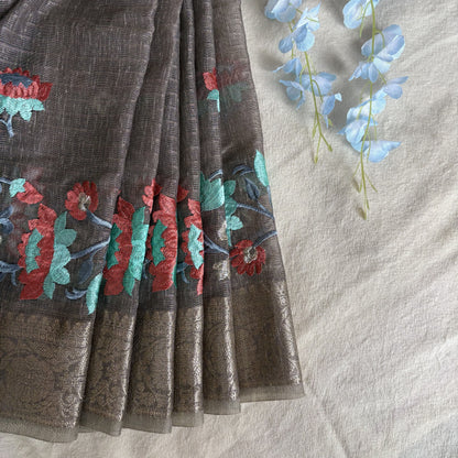 Brown Kora Cotton Silk Saree