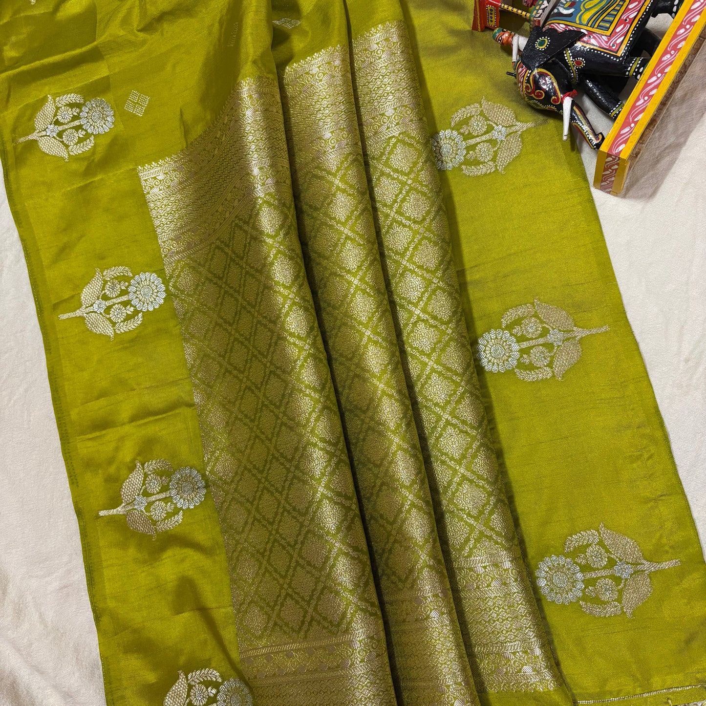 Lime Green Semi Raw Mango Banarasi Saree