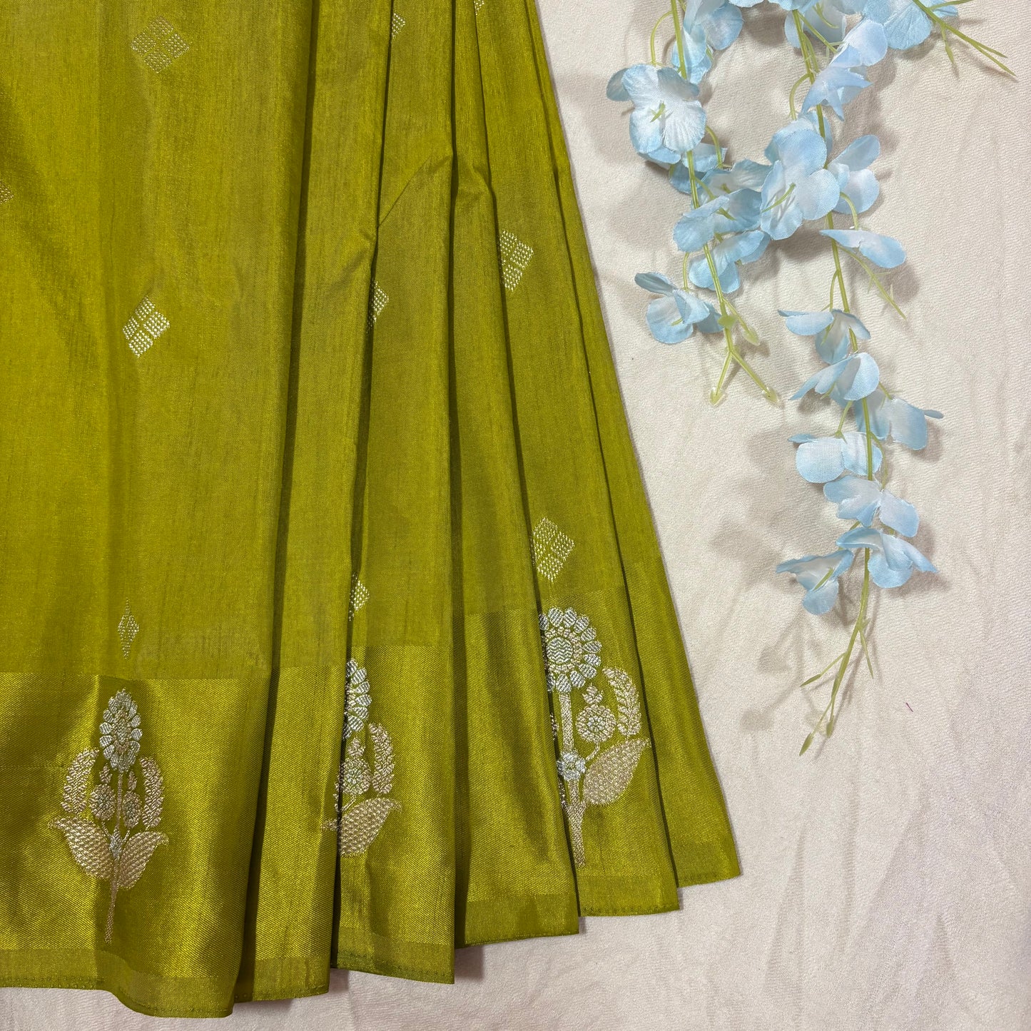 Lime Green Semi Raw Mango Banarasi Saree