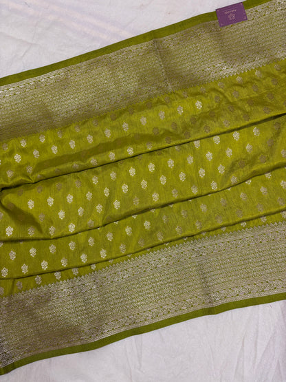 Lime Green Semi Raw Mango Banarasi Saree