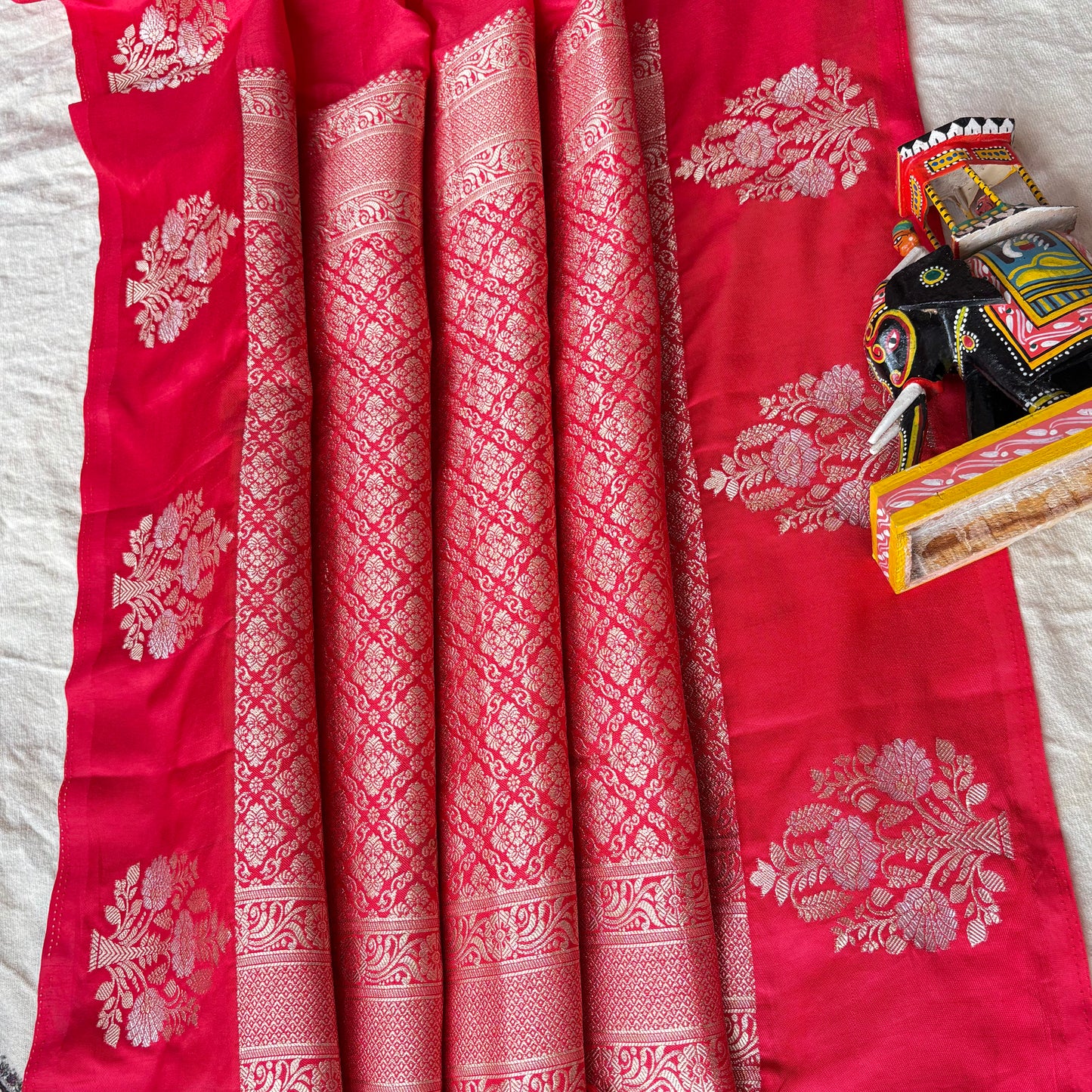 Red Semi Raw Mango Banarasi Saree