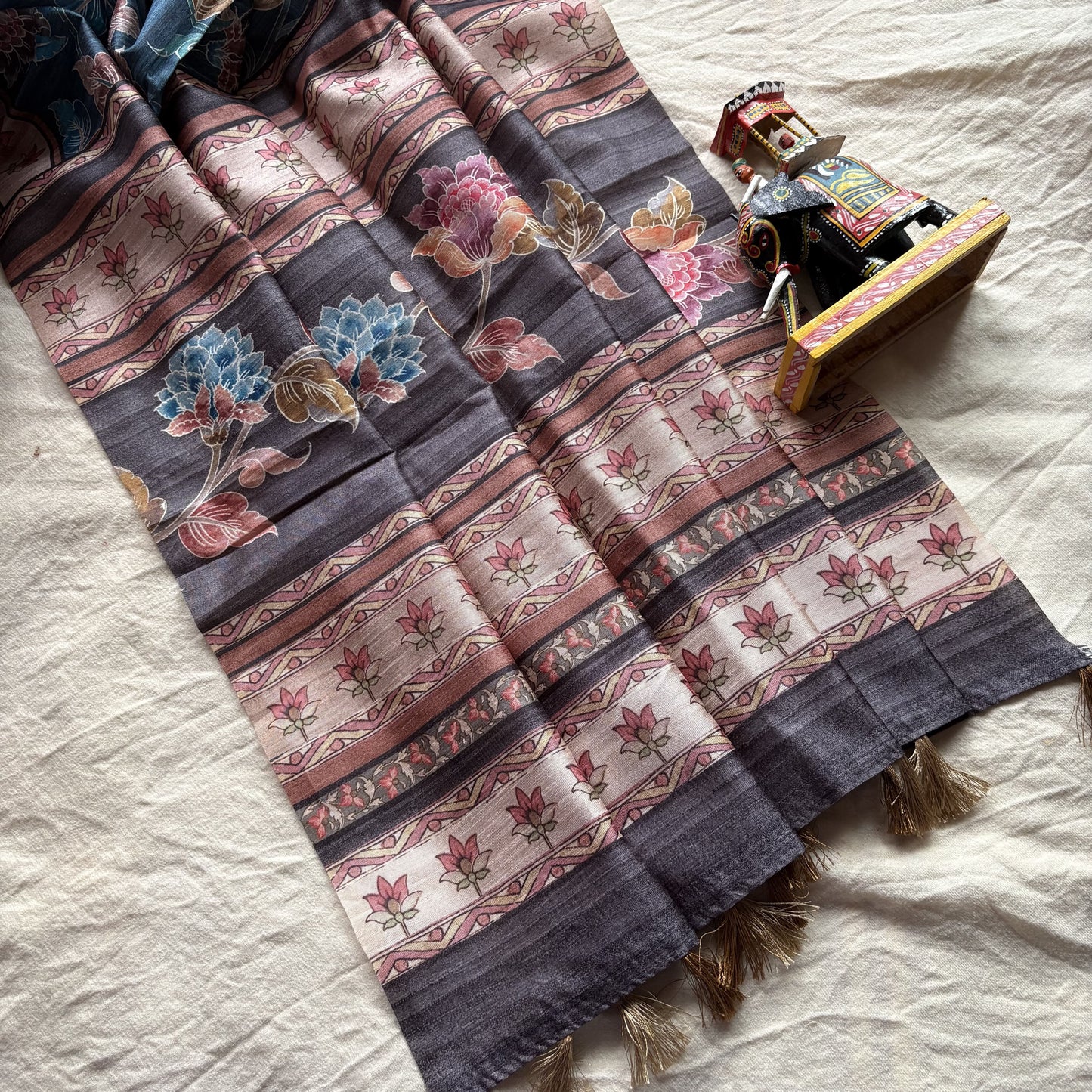 Blue Semi Tussar Printed Saree